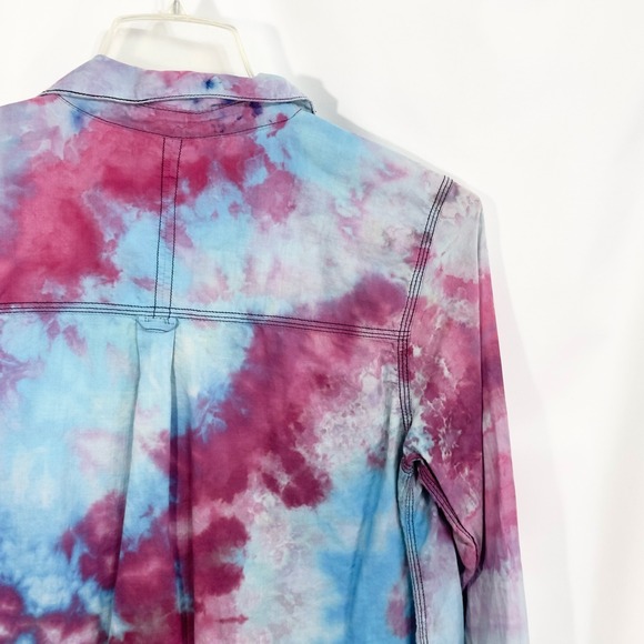Free People Medium Top Handmade Tie Dye Button Down Long Sleeve Purple Blue 1195 - Picture 8 of 11
